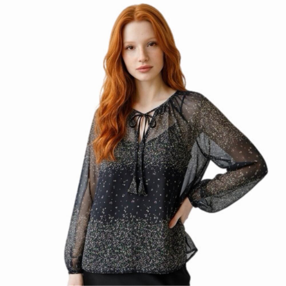 Liverpool Women's Peasant Top S Navy Blue Floral Print Sheer Long Sleeve Blouse